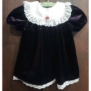 Purple velvet 3T Holiday Christmas Dress Short sleeve lace bib collar Vintage